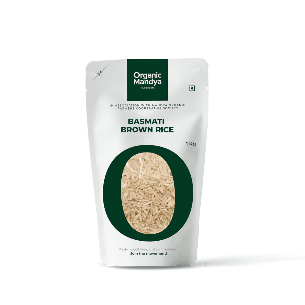 Organic Basmati Brown Rice Basmati Brown rice (1kg) front -Organic Mandya