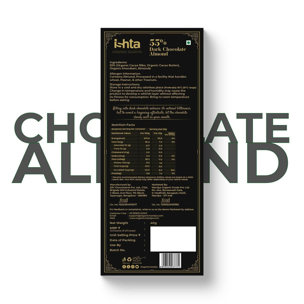 55% Dark chocolate with Almonds (40g) 55% Dark chocolate with Almonds (40g) Organic Mandya