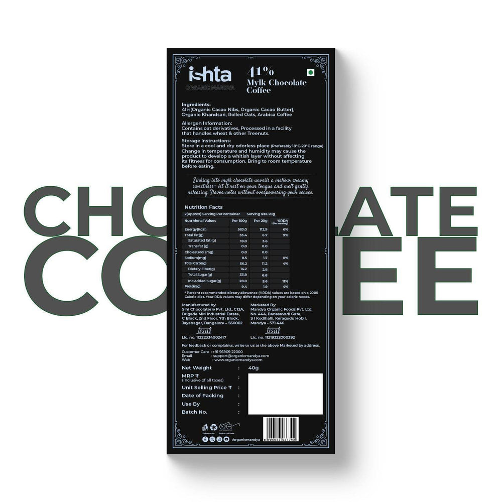 41% Mylk Chocolate with coffee (40g) 41% Mylk Chocolate with coffee (40g) Organic Mandya
