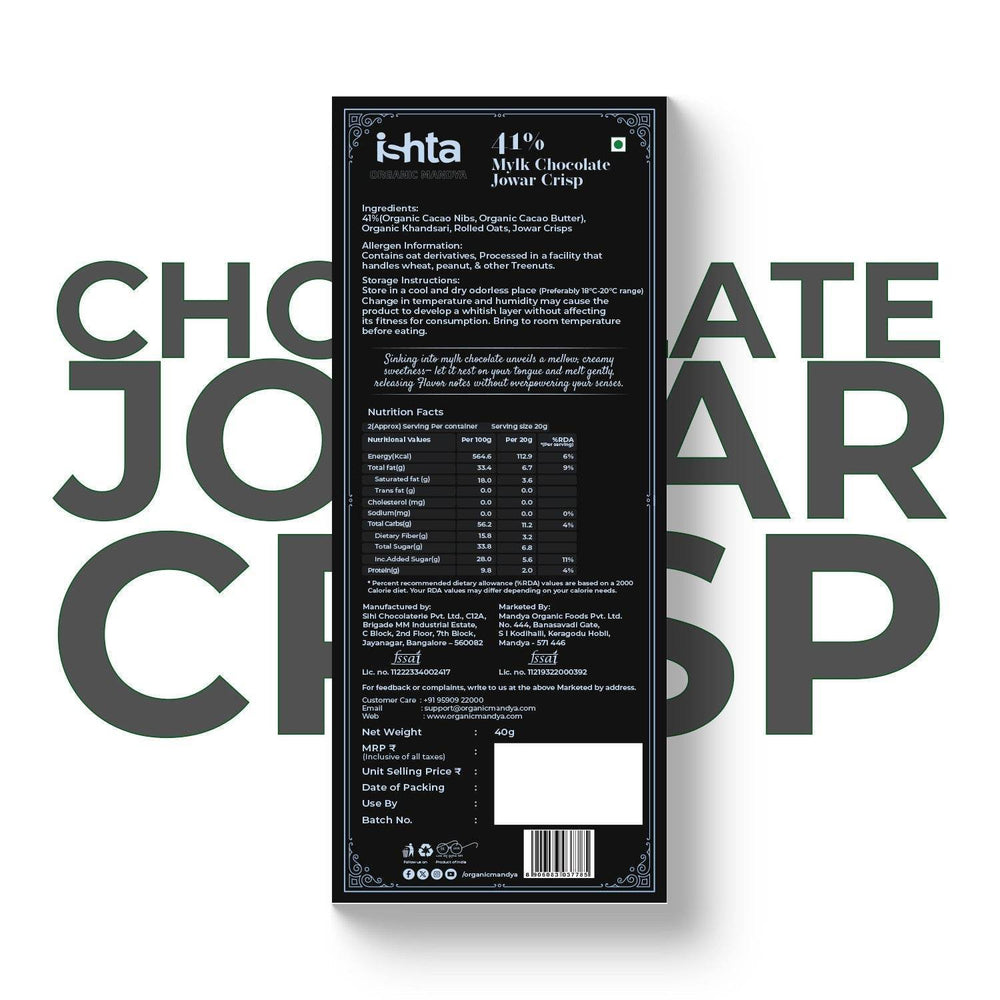 41% Mylk Chocolate with Jowar crisp (40g) 41% Mylk Chocolate with Jowar crisp (40g) Organic Mandya