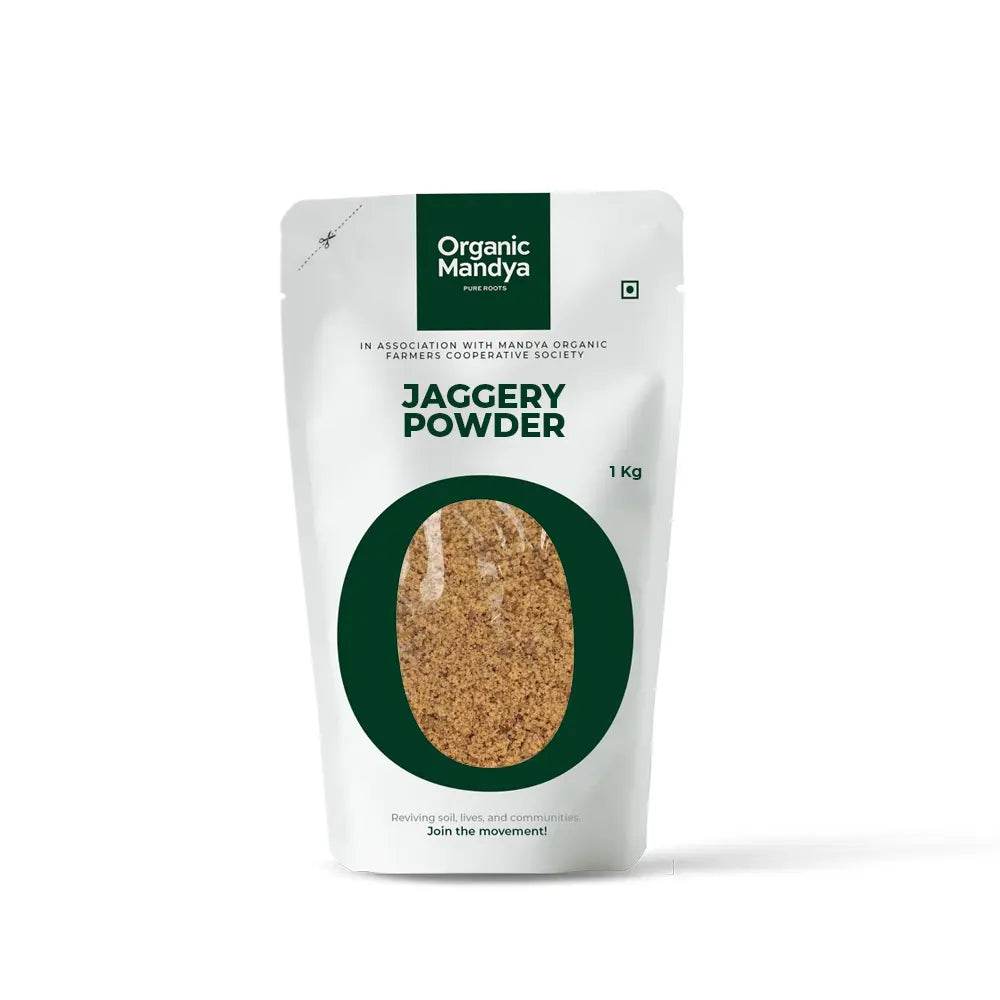 Organic Jaggery Powder (Bella Powder) Jaggery Powder 1kg Front-Organic Mandya
