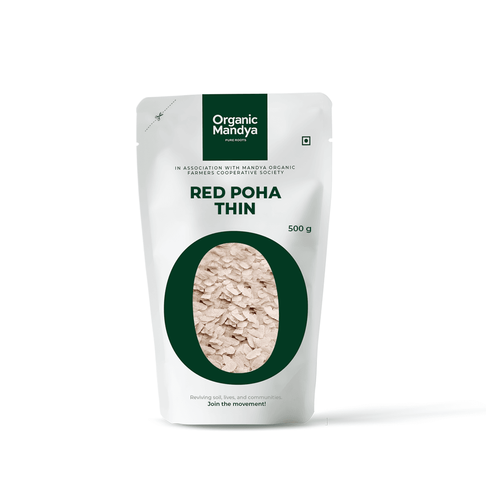 Organic Red Poha Thin Red Poha thin 500g Front-Organic Mandya