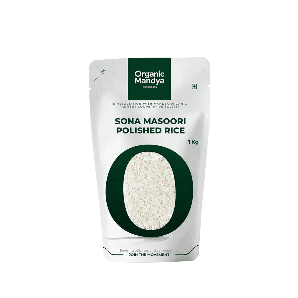 Organic Sonamasuri/ Sona Masoori Polish Sona Masoori Polished Rice 1kg Front-Organic Mandya