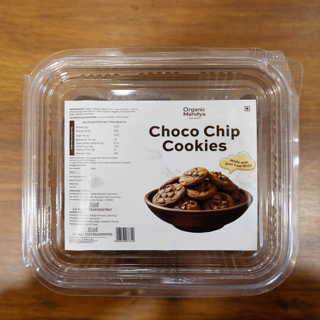  Choco chip cookies (100g) front - Organic Mandya 