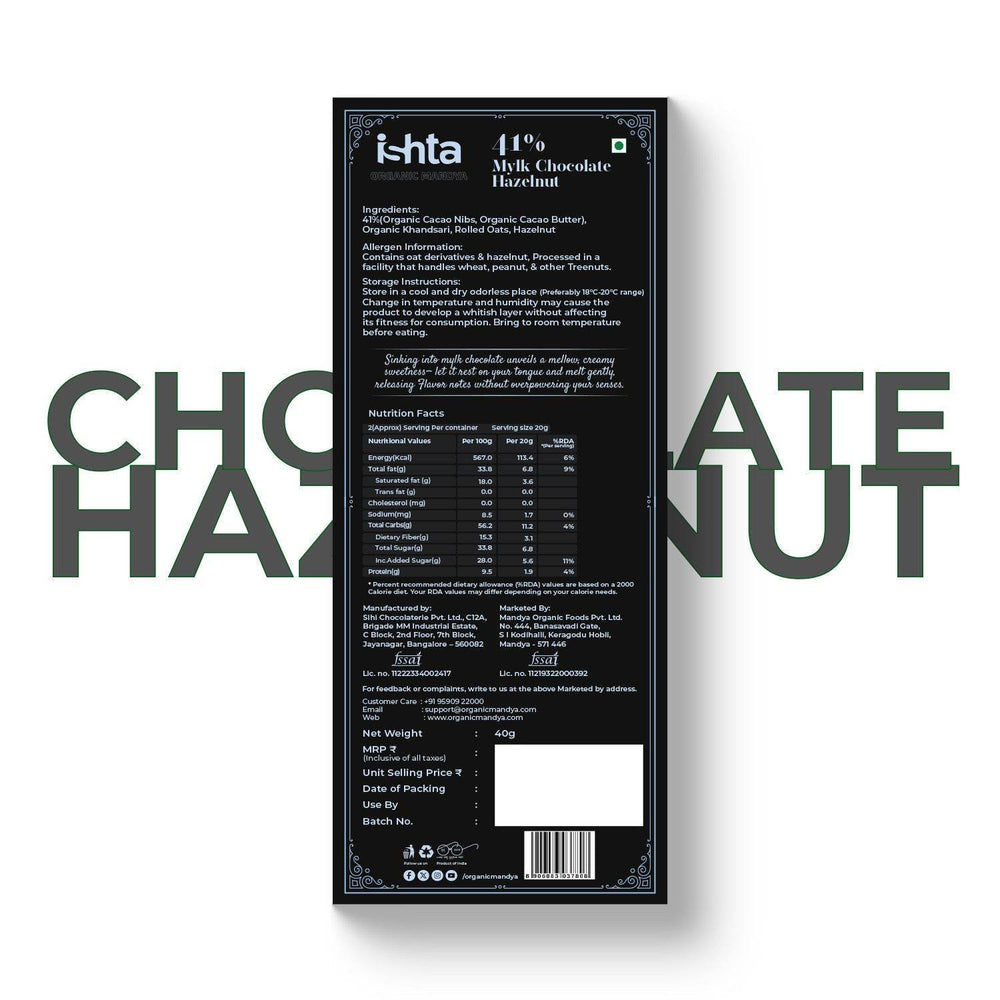 41% Mylk Chocolate with Hazelnut (40g) Organic Mandya